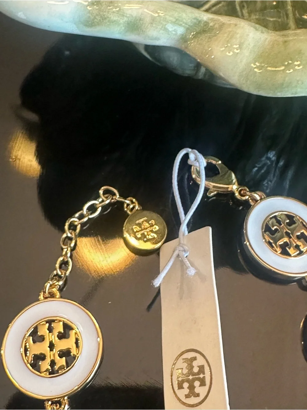 NWT Tory Burch Enamel Hollow Round Logo Link Bracelet Gold & White